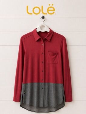 Lolë Two-Tone Button-Up Tunic – Red & Blue Denim, Size M